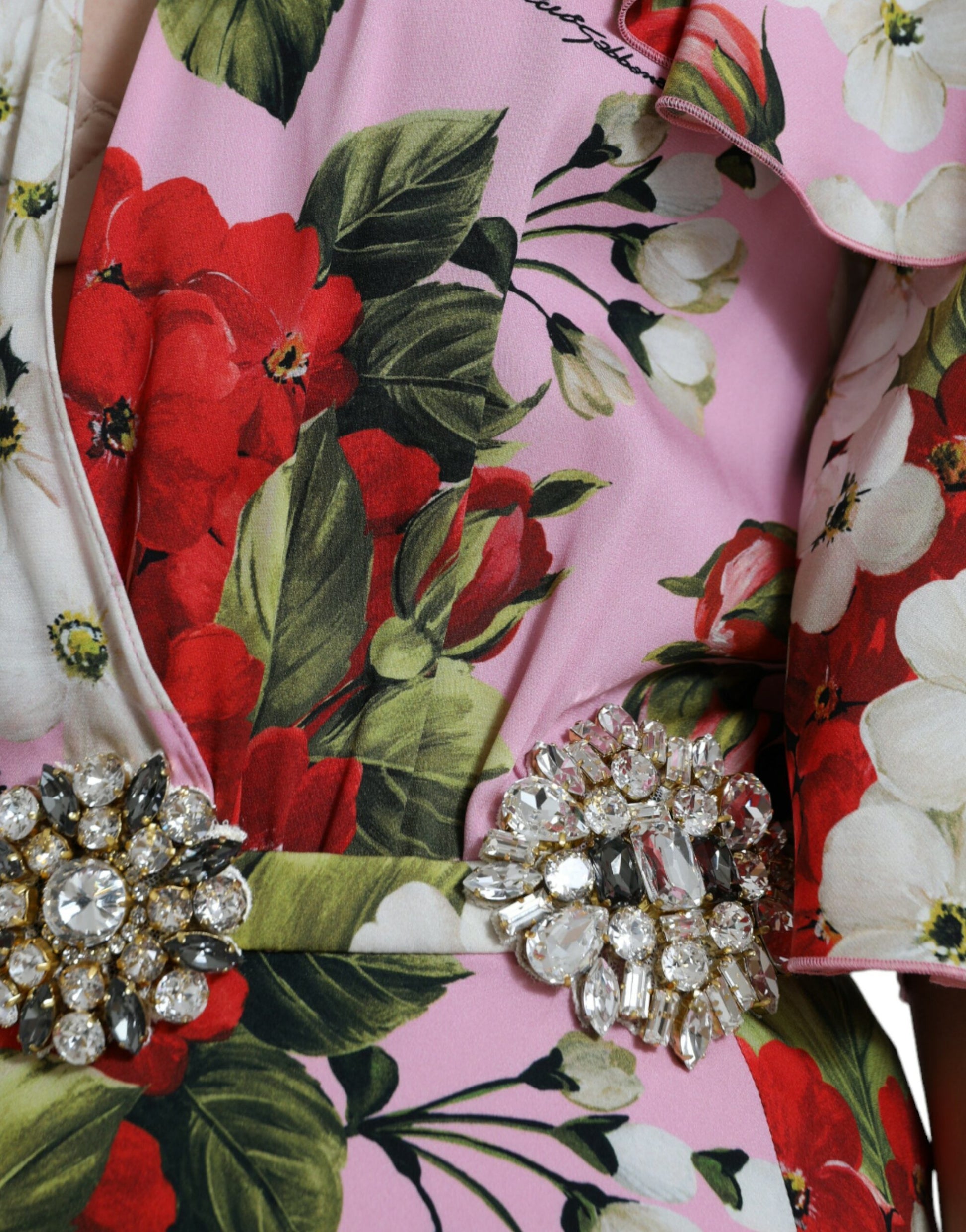 Pink floral dress with crystal embellishments and gold belt
