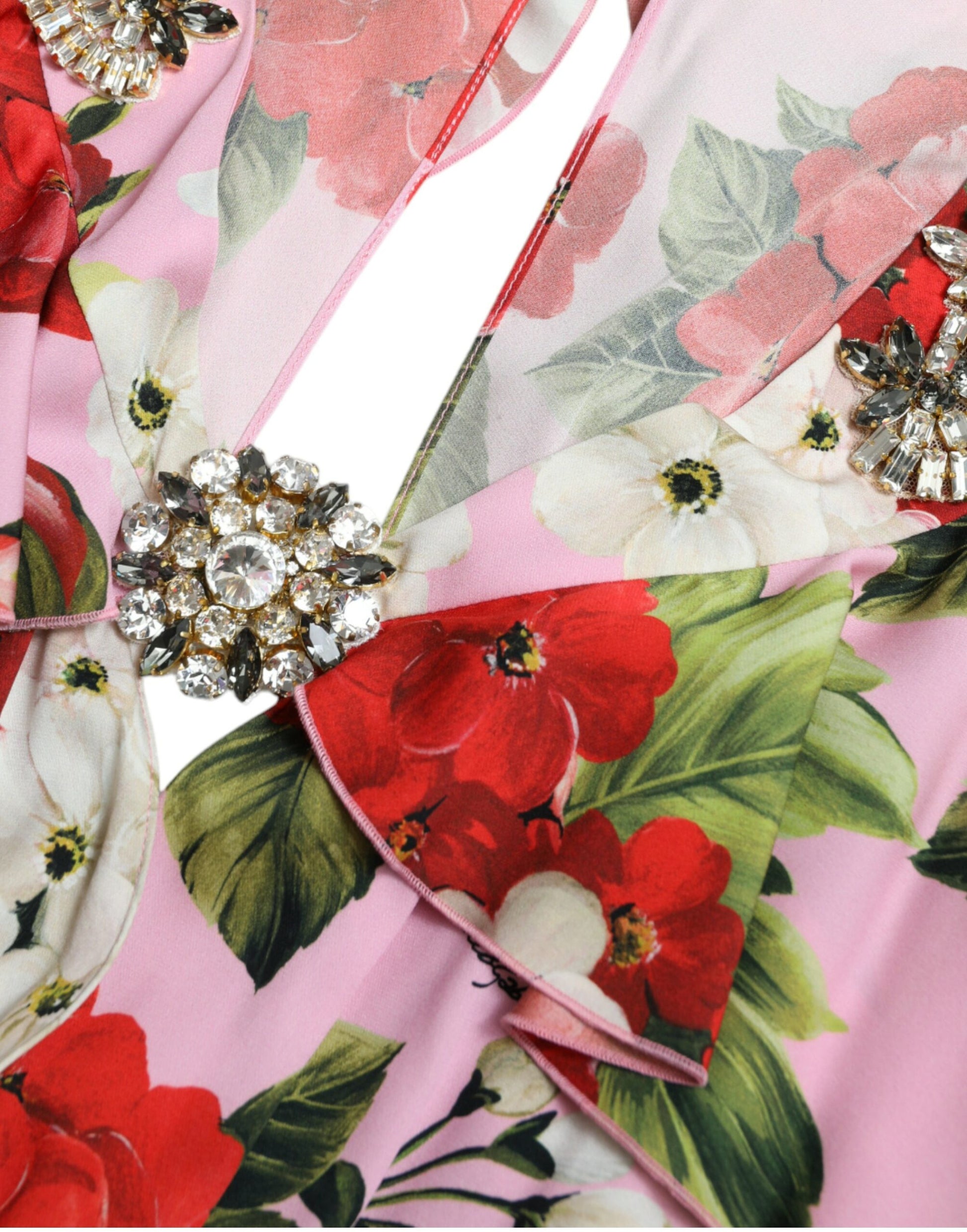 Pink floral dress with crystal embellishments and pearl accents