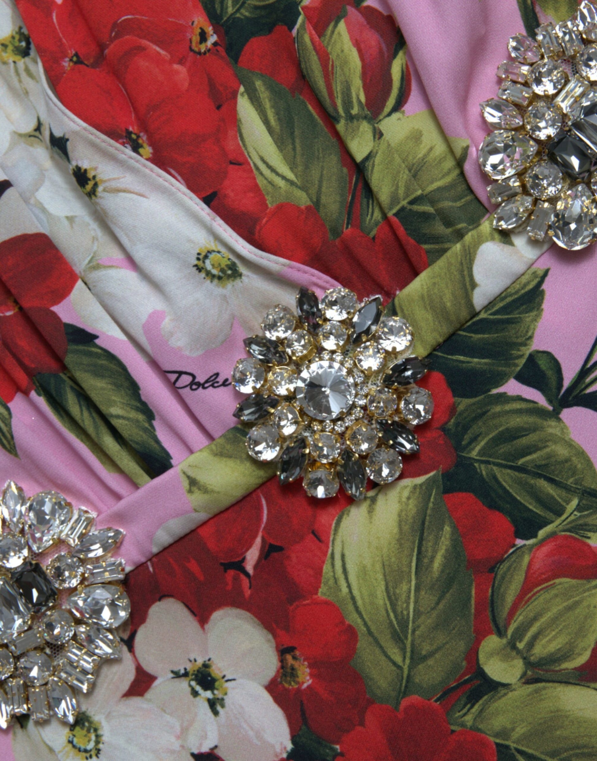 Pink, white, and red floral patterned dress with crystal embellishments