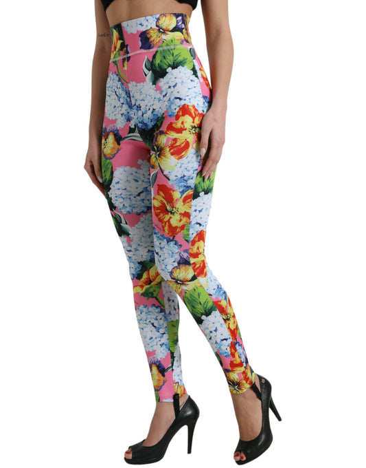 Woman wearing colorful leggings with floral pattern