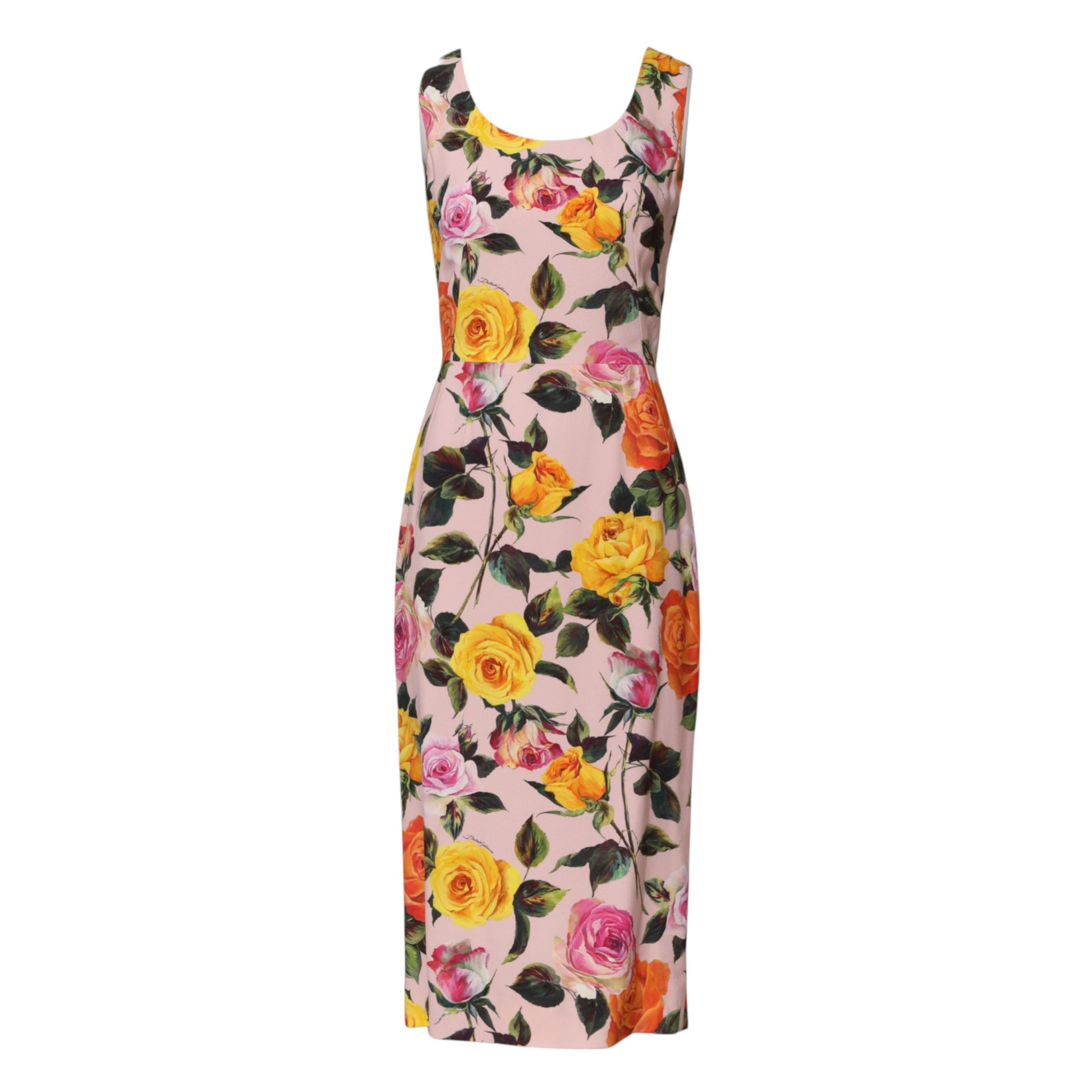 A knee-length dress with a floral pattern featuring pink, yellow, and green flowers