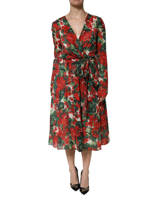A long sleeve dress with a floral pattern and a V-neckline