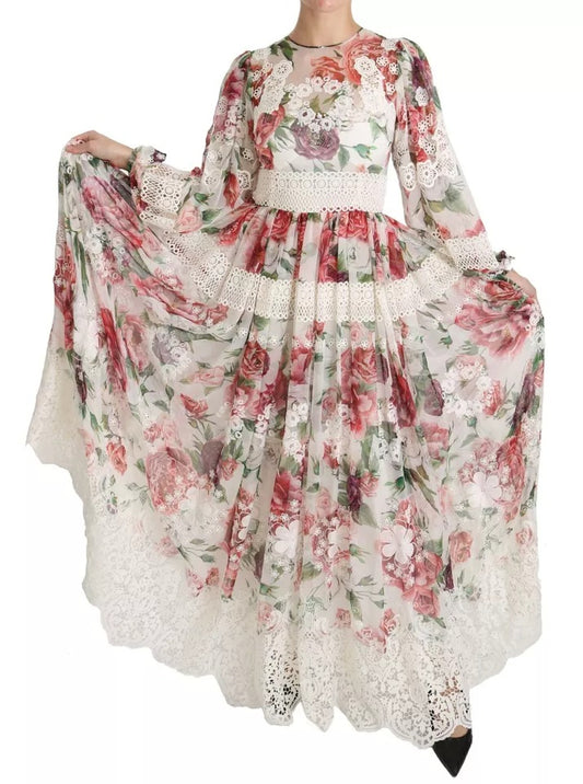 A long floral maxi dress with lace detailing and a sheer overlay