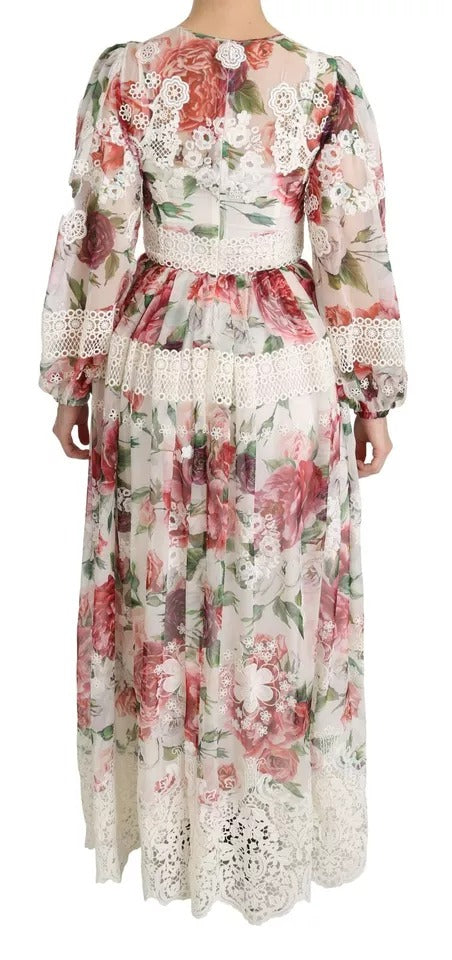 A long floral maxi dress with lace detailing and a sheath silhouette