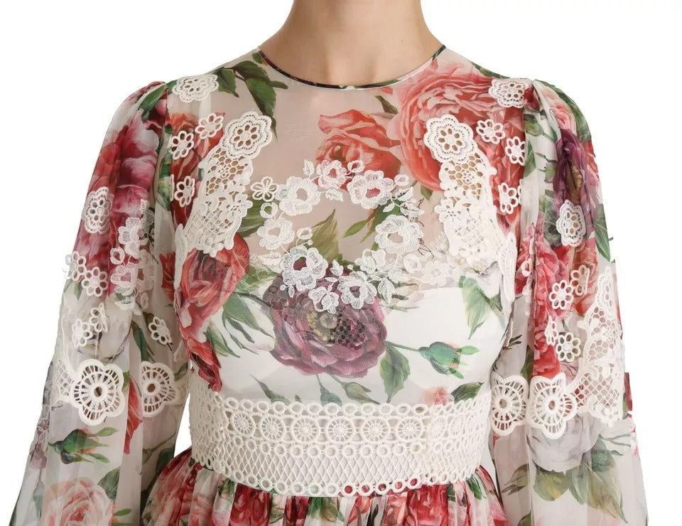 A long sleeve, multicolored floral maxi dress with lace and embroidery details