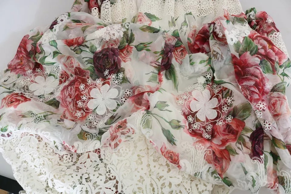 A floral maxi dress with lace detailing and a sheer overlay