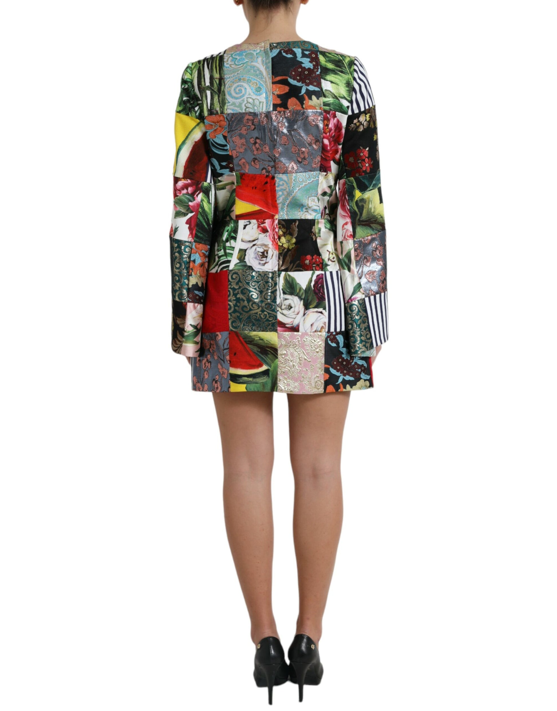 A colorful patchwork dress with floral patterns