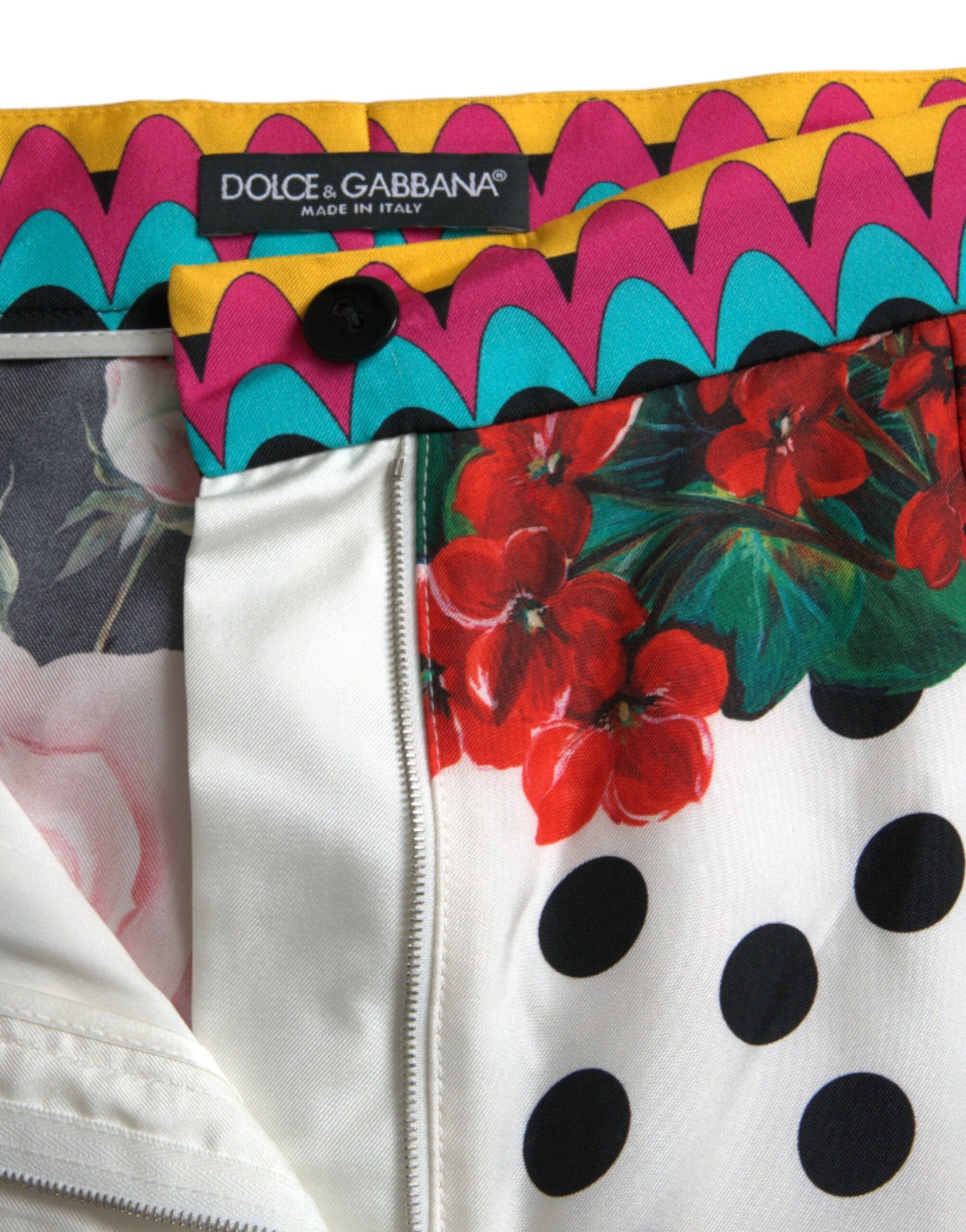 Colorful printed pants with a zippered pocket on the front