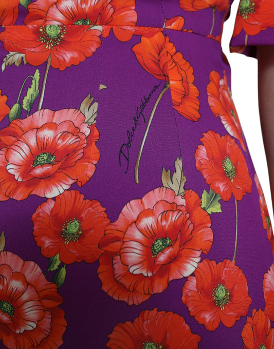Purple dress with red poppies print, signed by designer