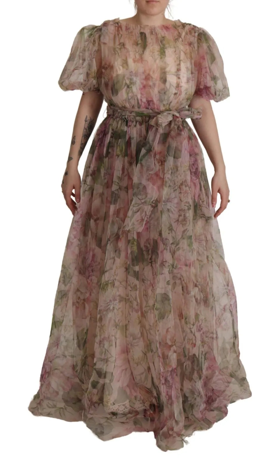 A long, flowing maxi dress with a floral print in multiple colors