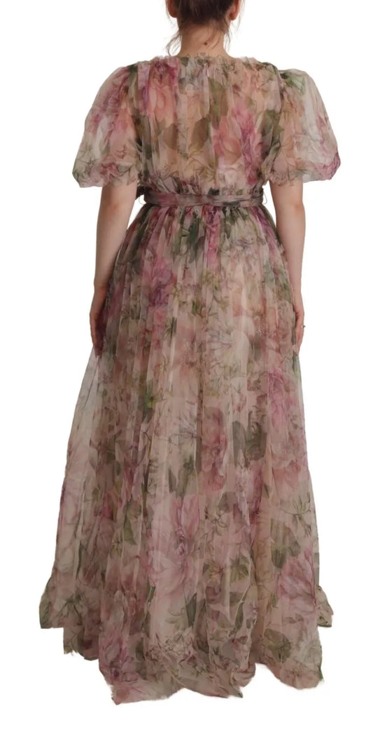 A long, multicolored floral print maxi dress with a belted waist