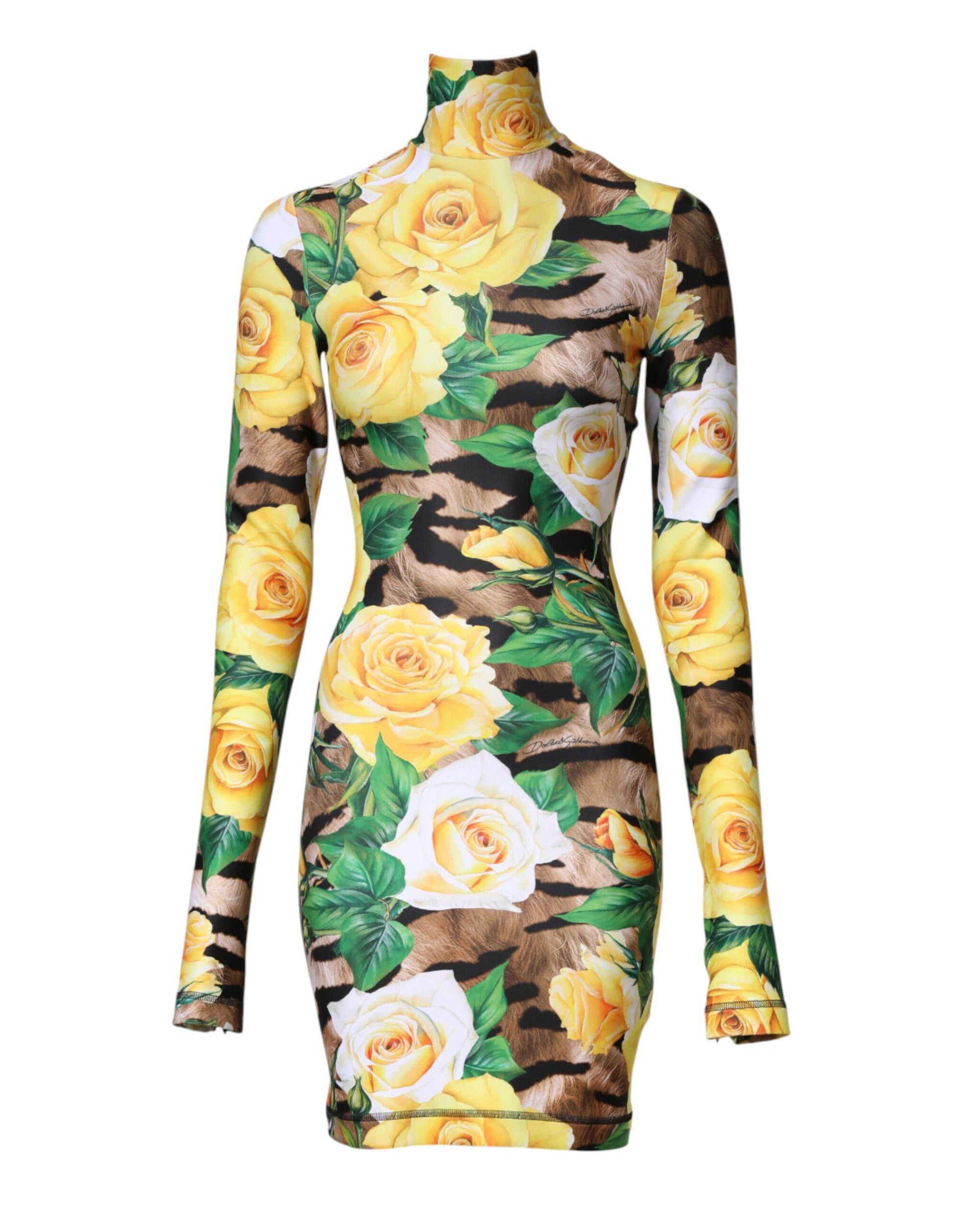 A sleeveless, knee-length dress with a floral print featuring yellow flowers on a black background