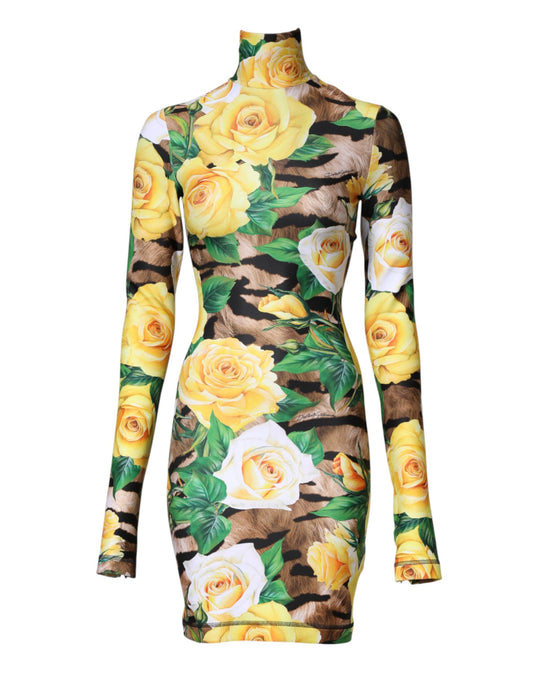 A sleeveless, knee-length dress with a floral print featuring yellow flowers on a black background
