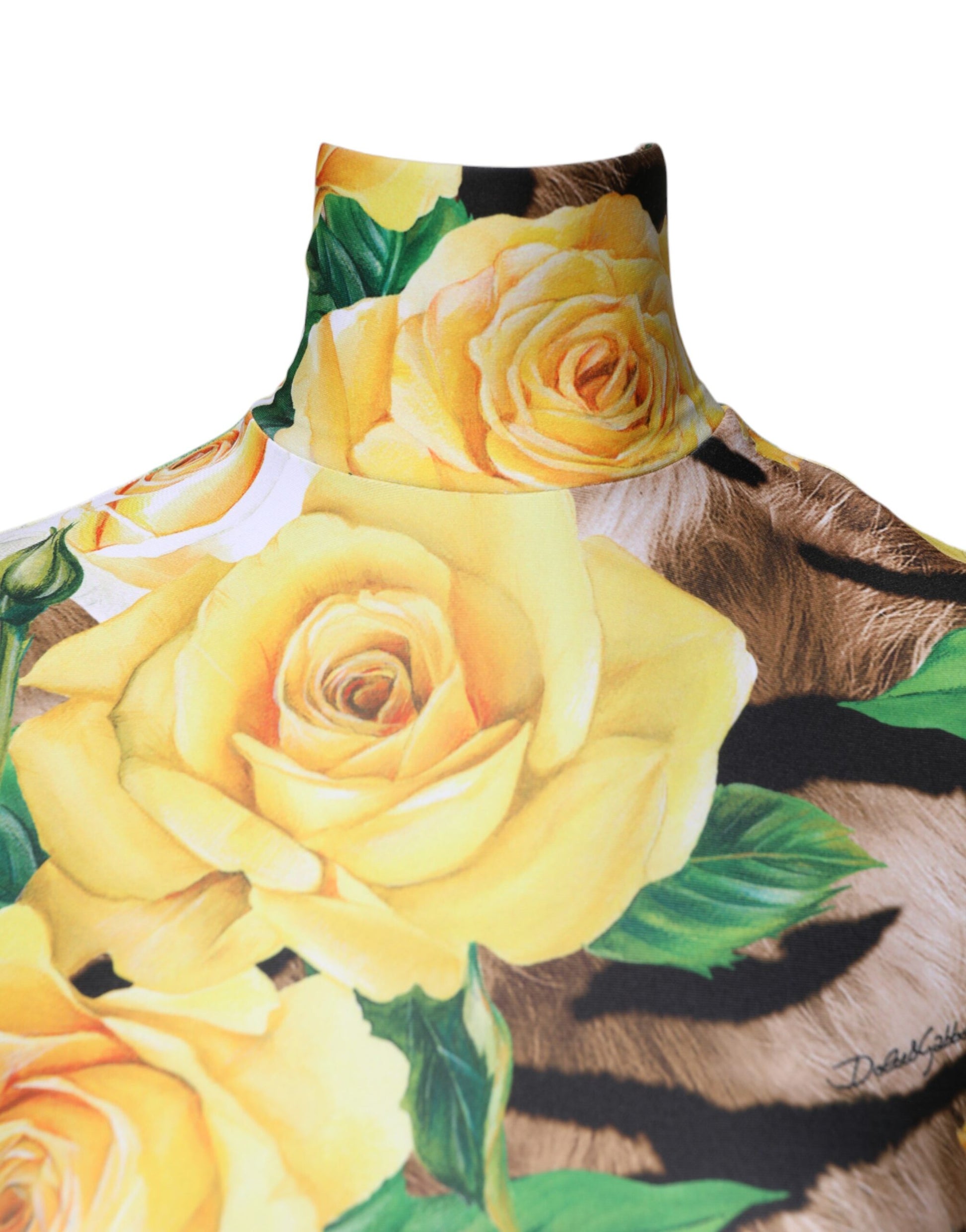 A multicolored floral print sheath mini dress with a tiger stripe pattern