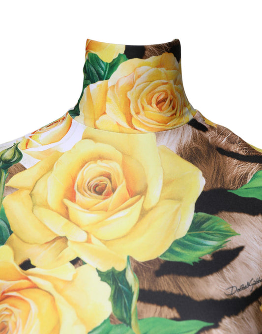 A multicolored floral print sheath mini dress with a tiger stripe pattern