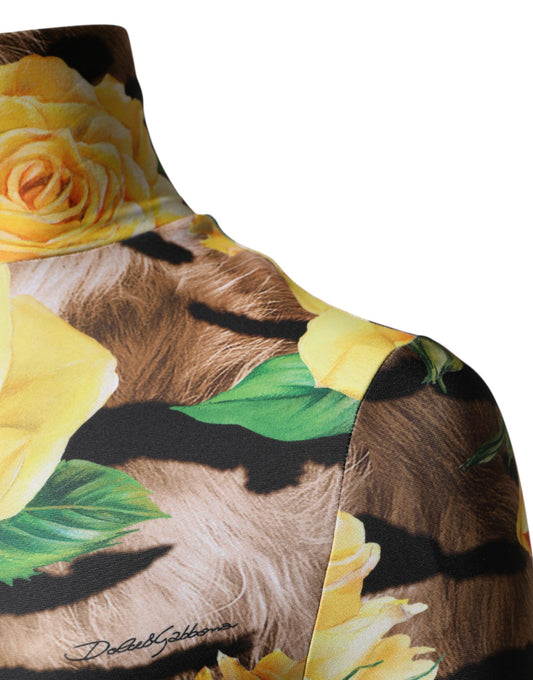 A multicolored floral print sheath mini dress with a fur collar and sleeves