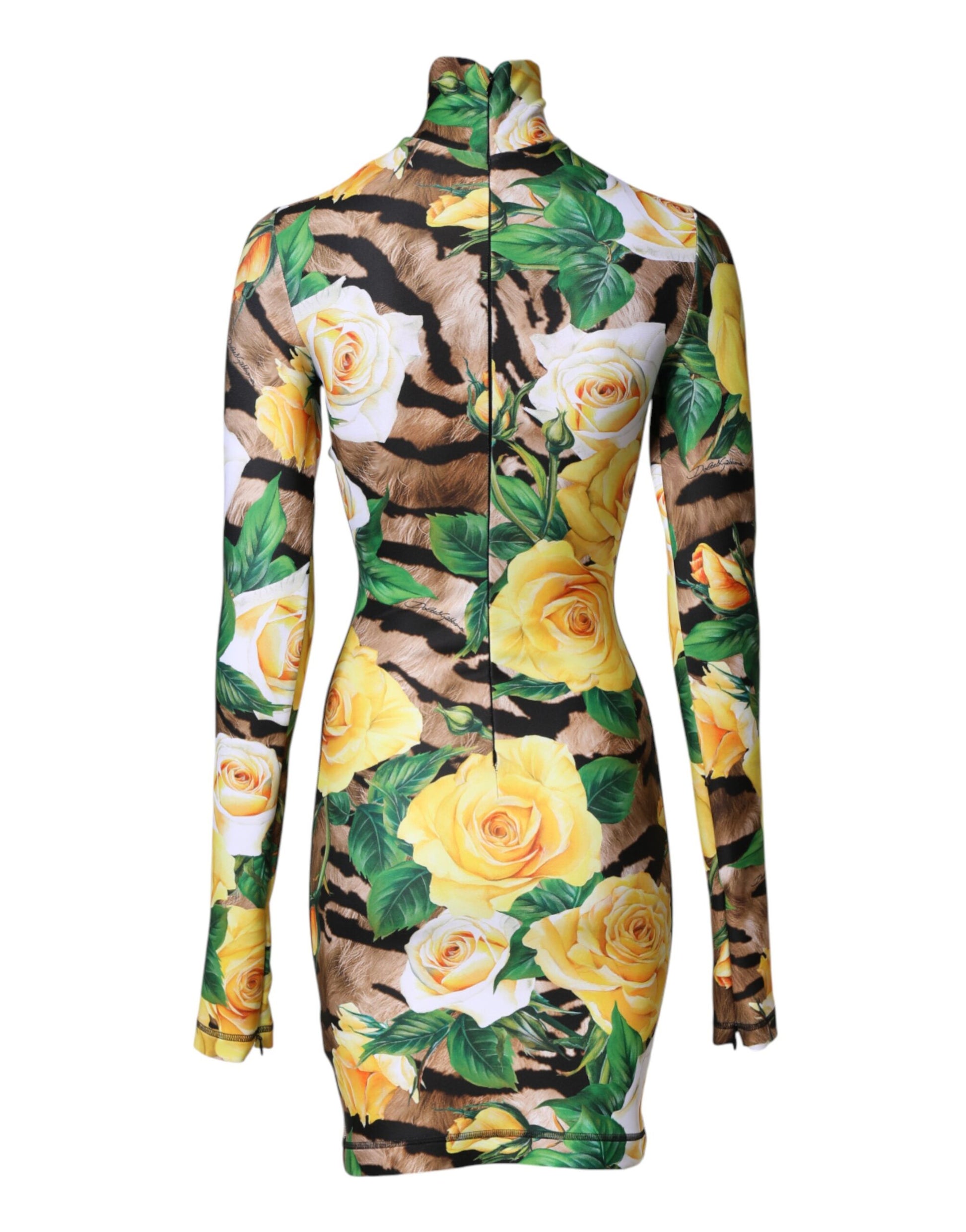 A multicolored floral print sheath mini dress with long sleeves and a high neckline