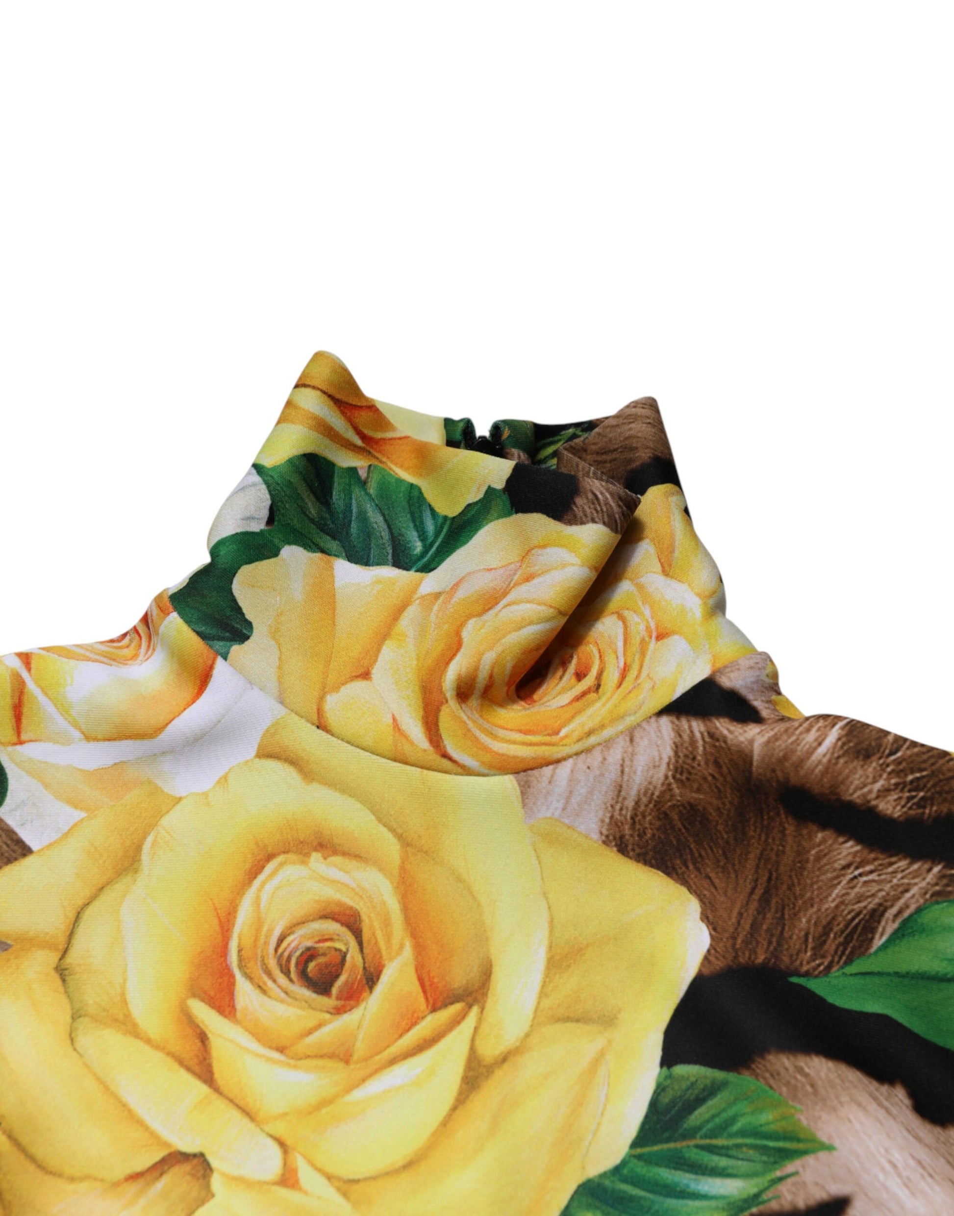 A multicolored floral print sheath mini dress with yellow roses and green leaves