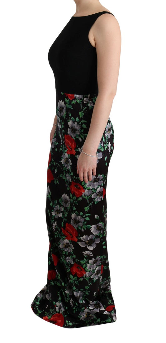 Black off-the-shoulder top with floral patterned skirt