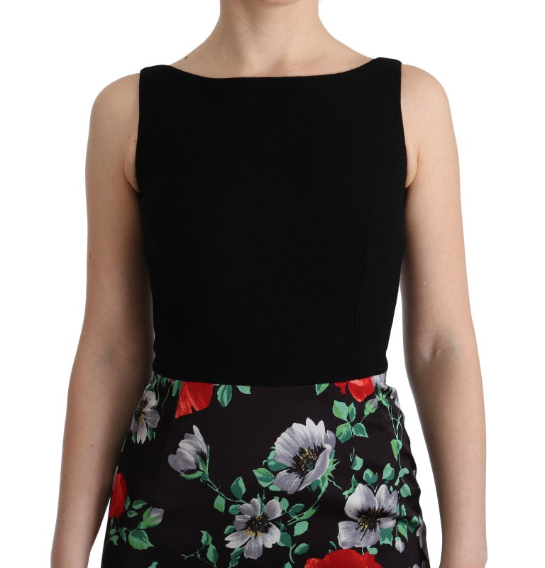 Black sleeveless dress with floral pattern on bodice