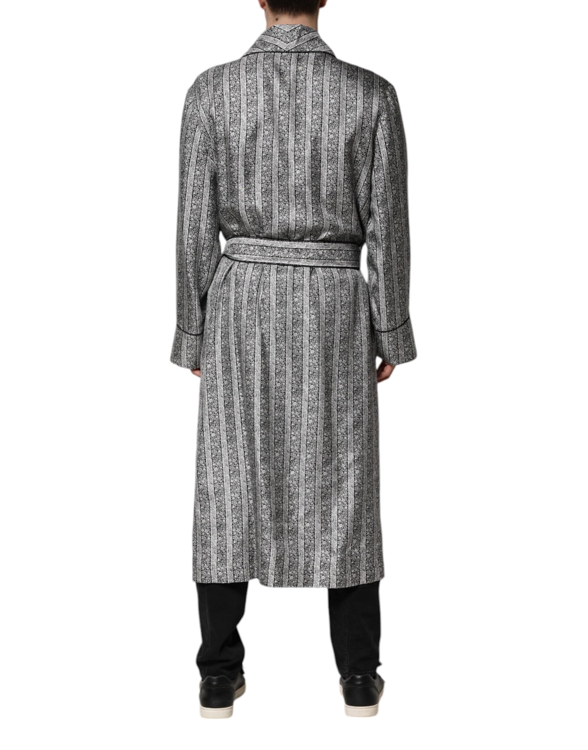 Long patterned coat worn by a person