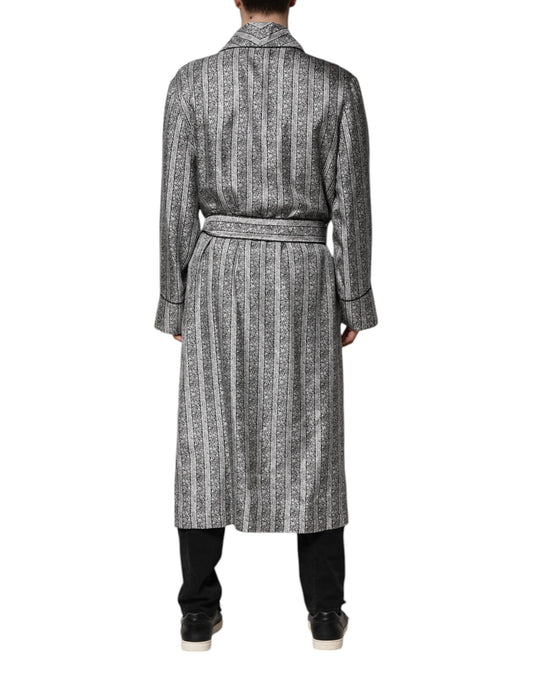Long patterned coat worn by a person