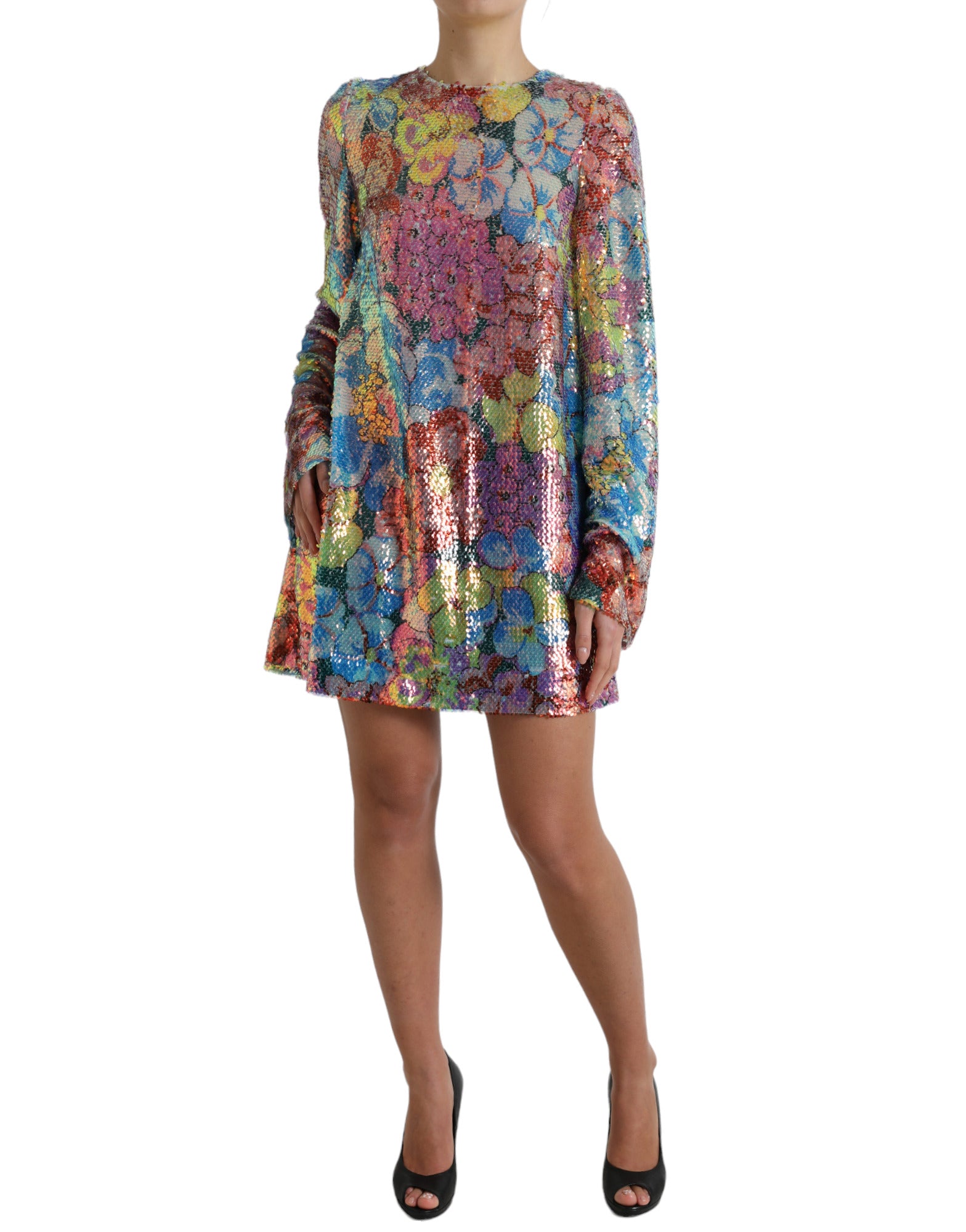 A colorful sequined dress with floral pattern