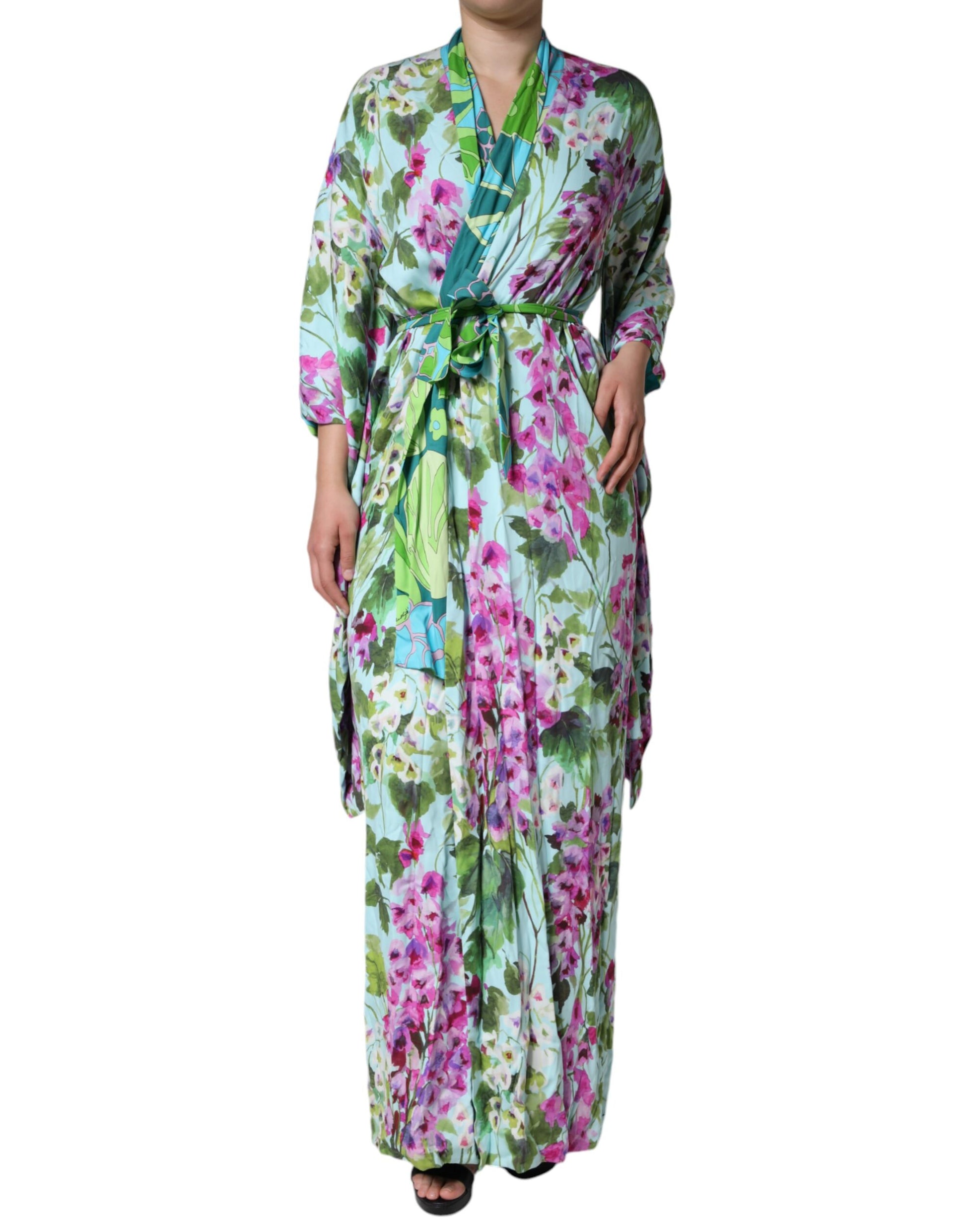 A long, colorful floral dress with a wrap style and silky texture