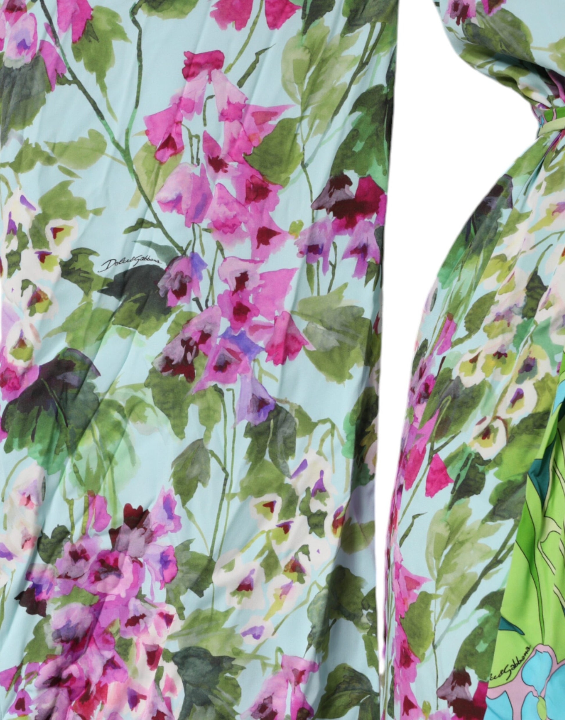 A multicolored floral silk stretch wrap dress with a V-neckline
