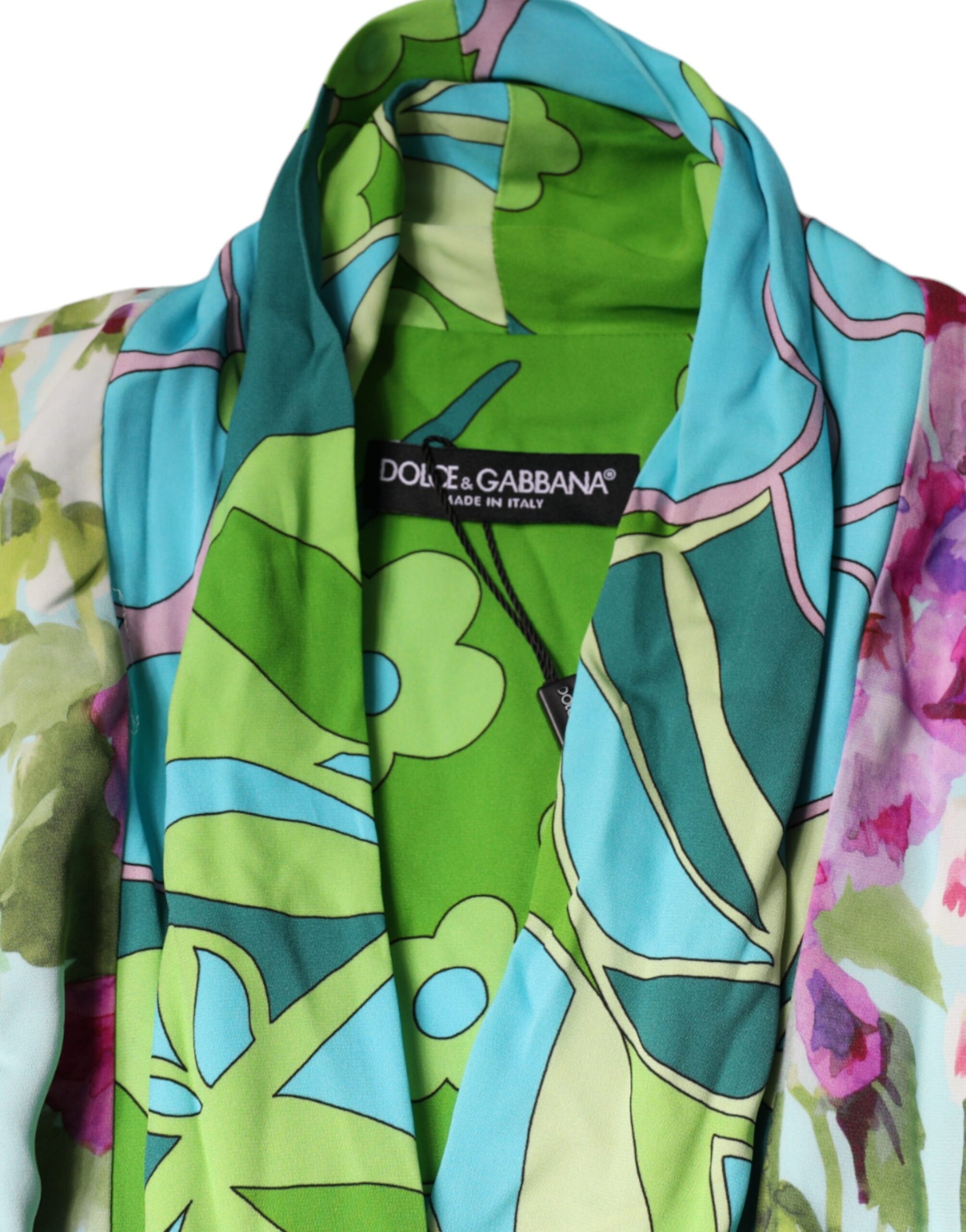 A multicolored floral print dress with a stretch wrap design, featuring a vibrant and colorful pattern