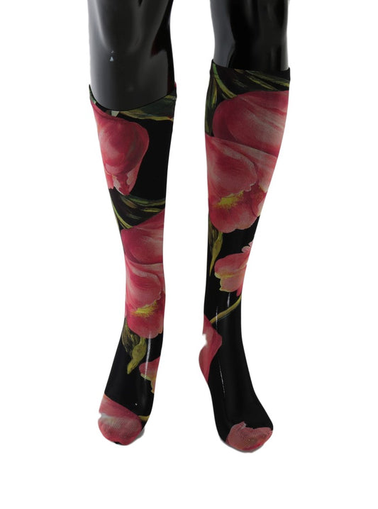 Pair of red floral patterned knee high boots