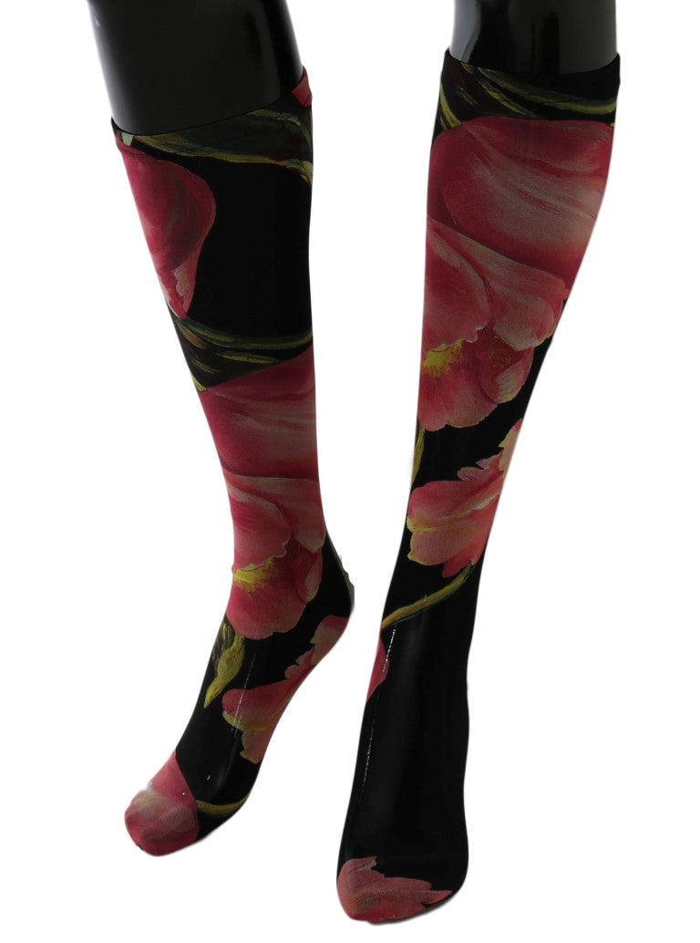 Pair of black tights with red floral pattern