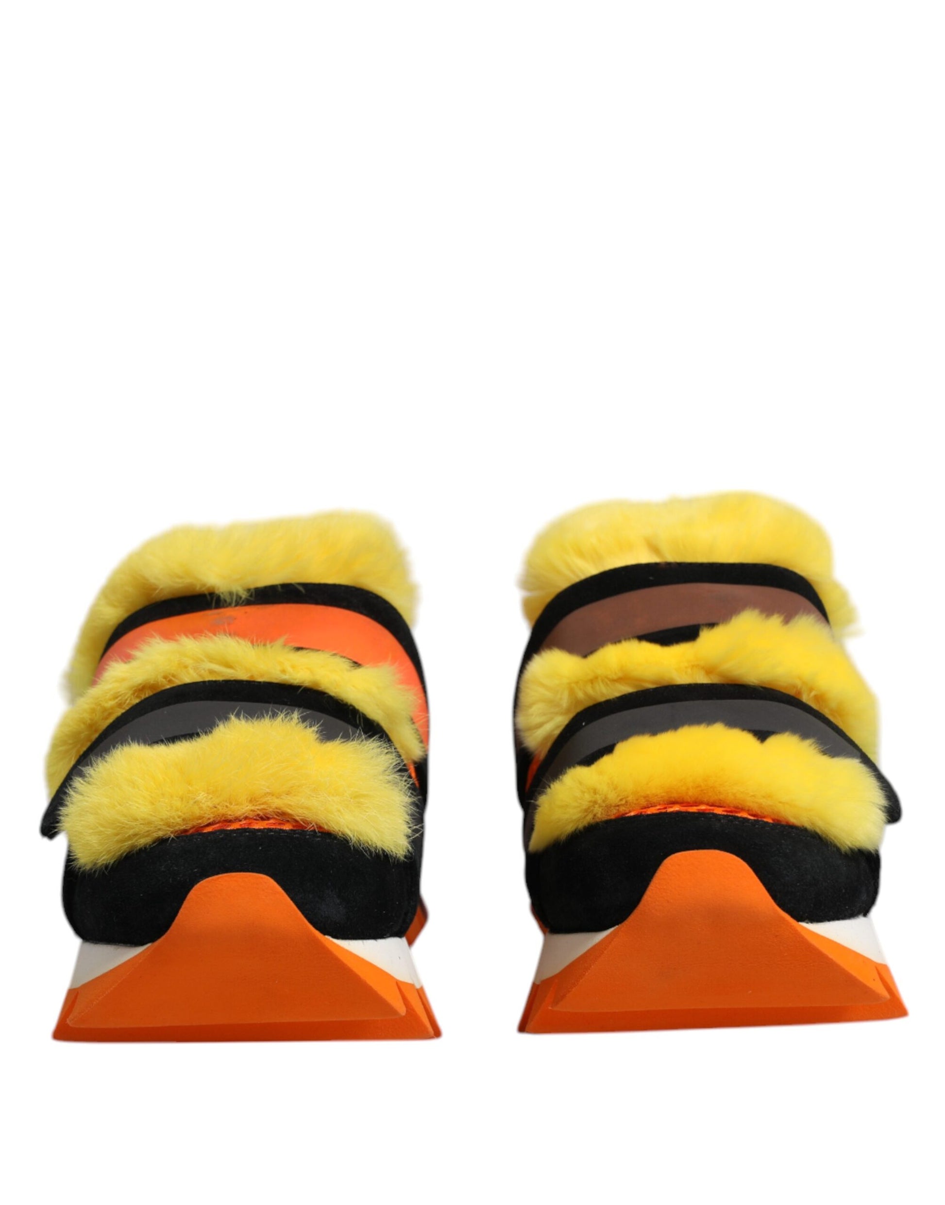 Pair of colorful fur-embellished sneakers with orange, yellow, and red accents