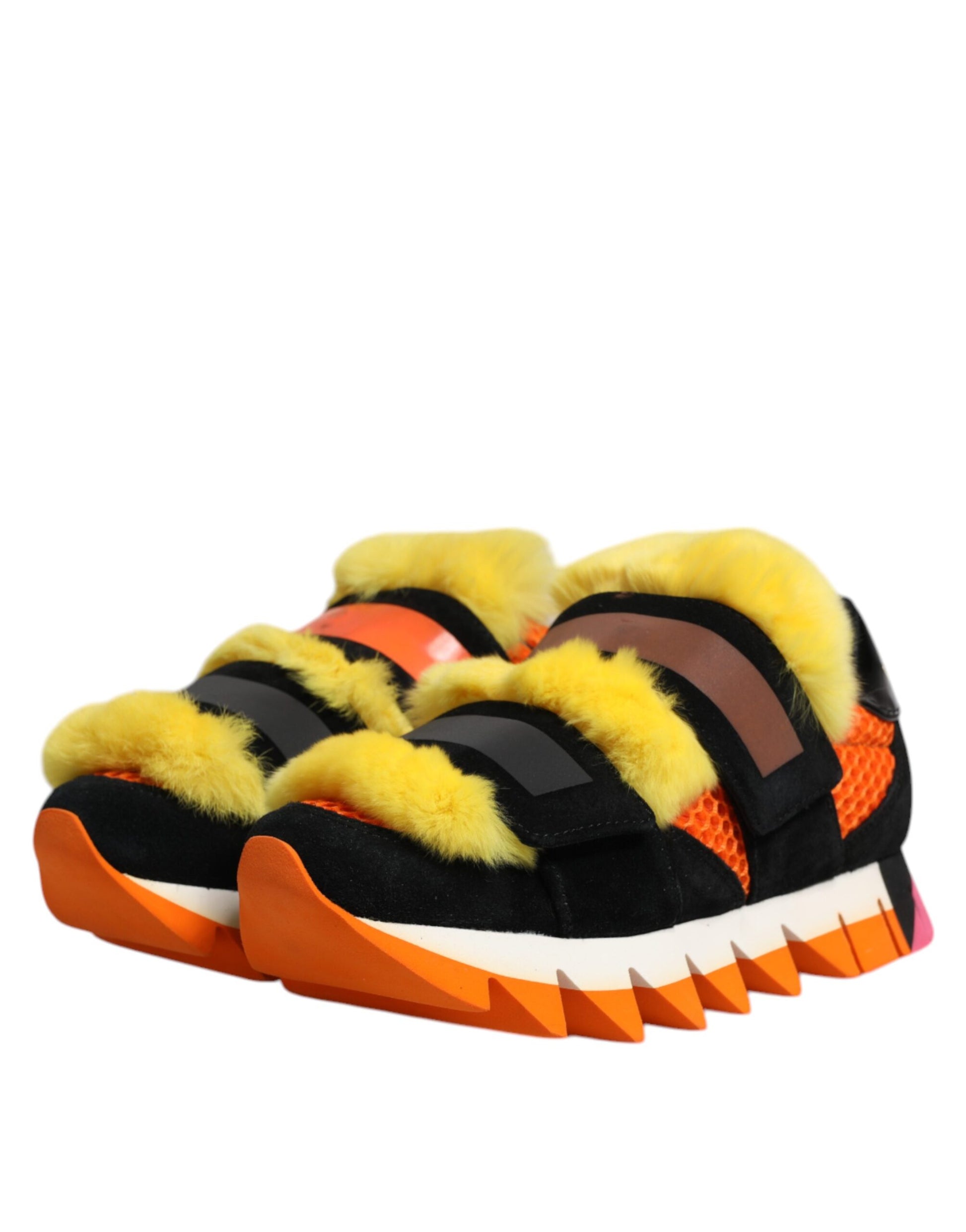 A pair of colorful fur-embellished sneakers with a multicolored design