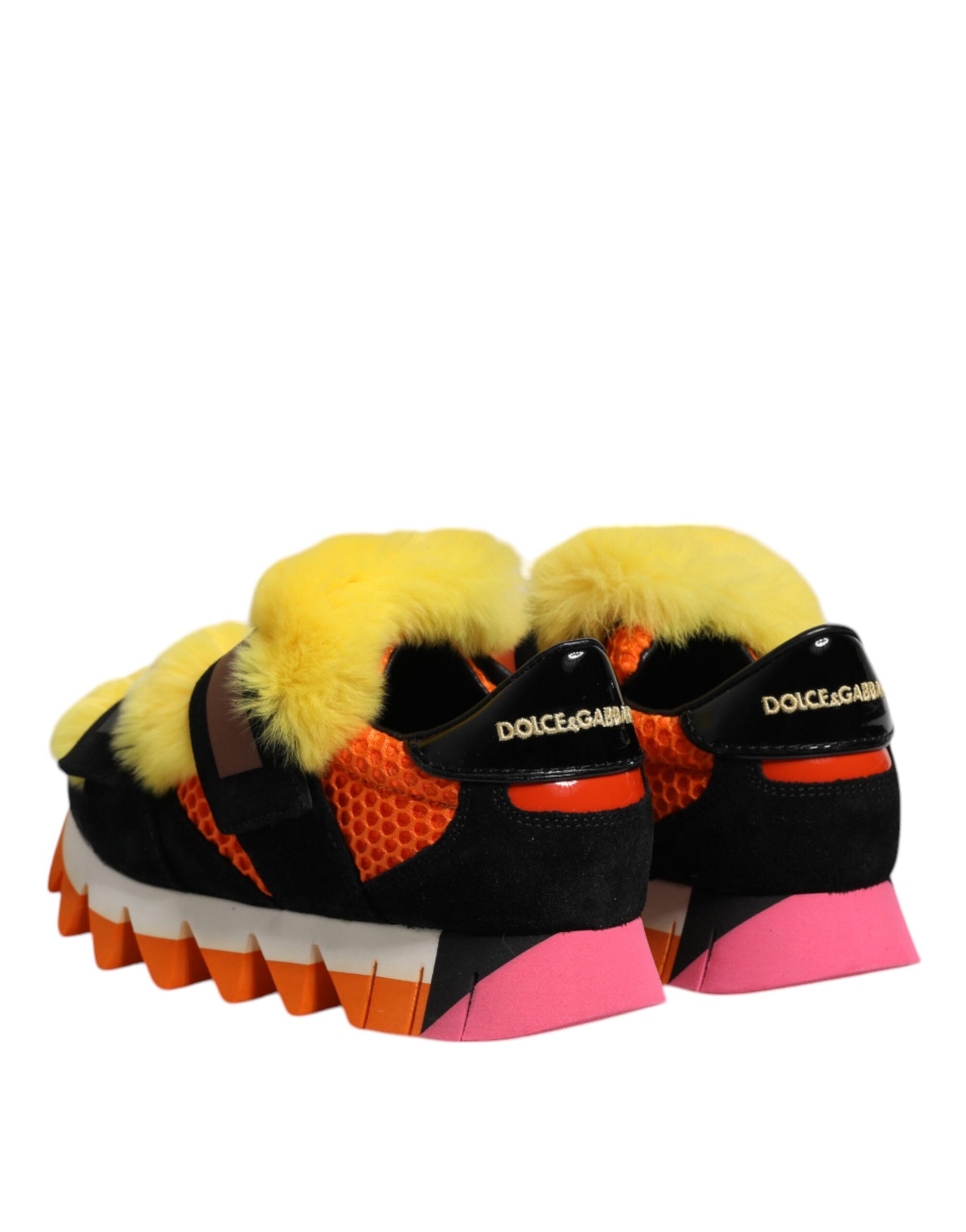 Pair of multicolored fur-embellished sneakers with black, red, and yellow accents