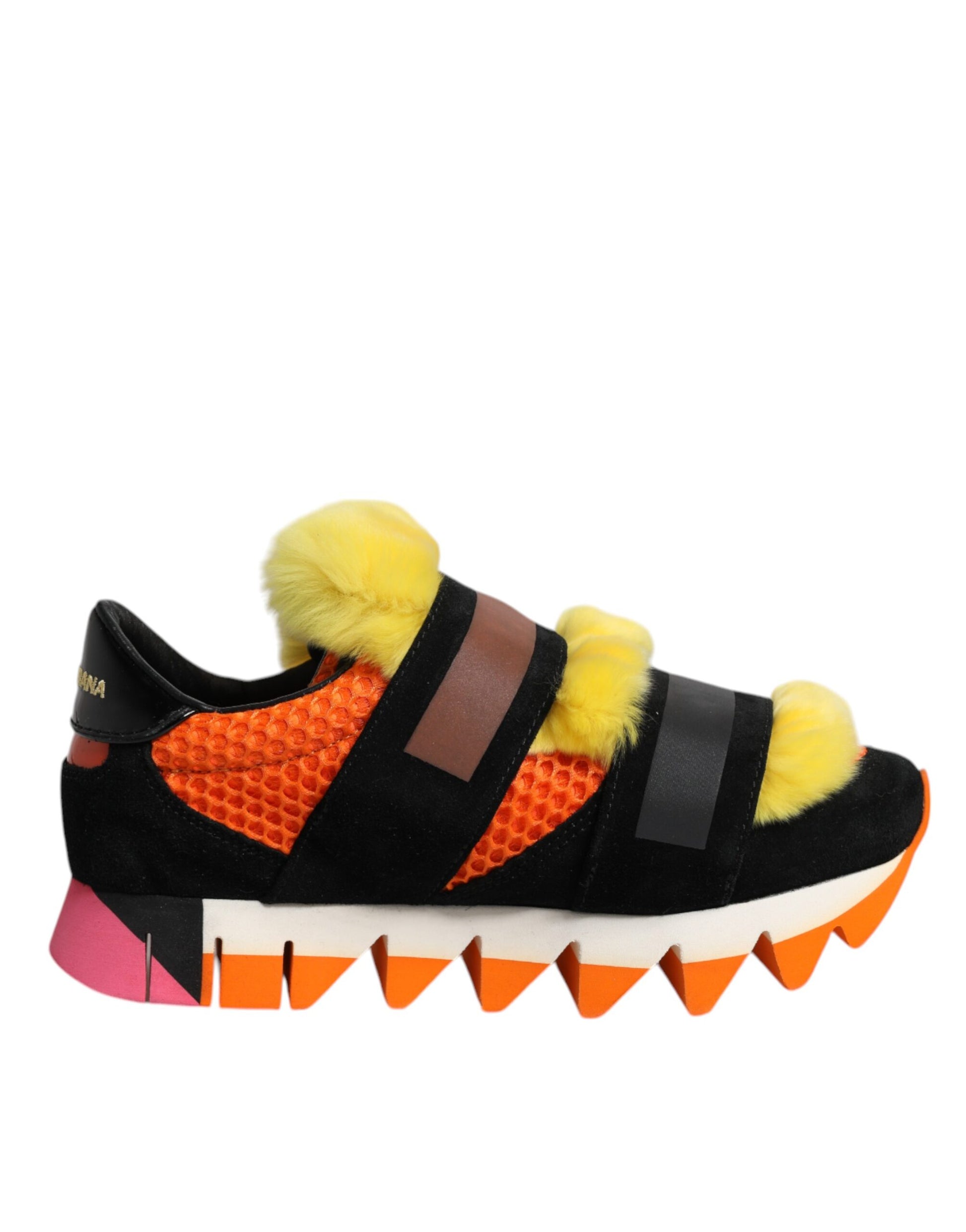 Colorful fur-embellished sneakers with orange, black, and yellow accents