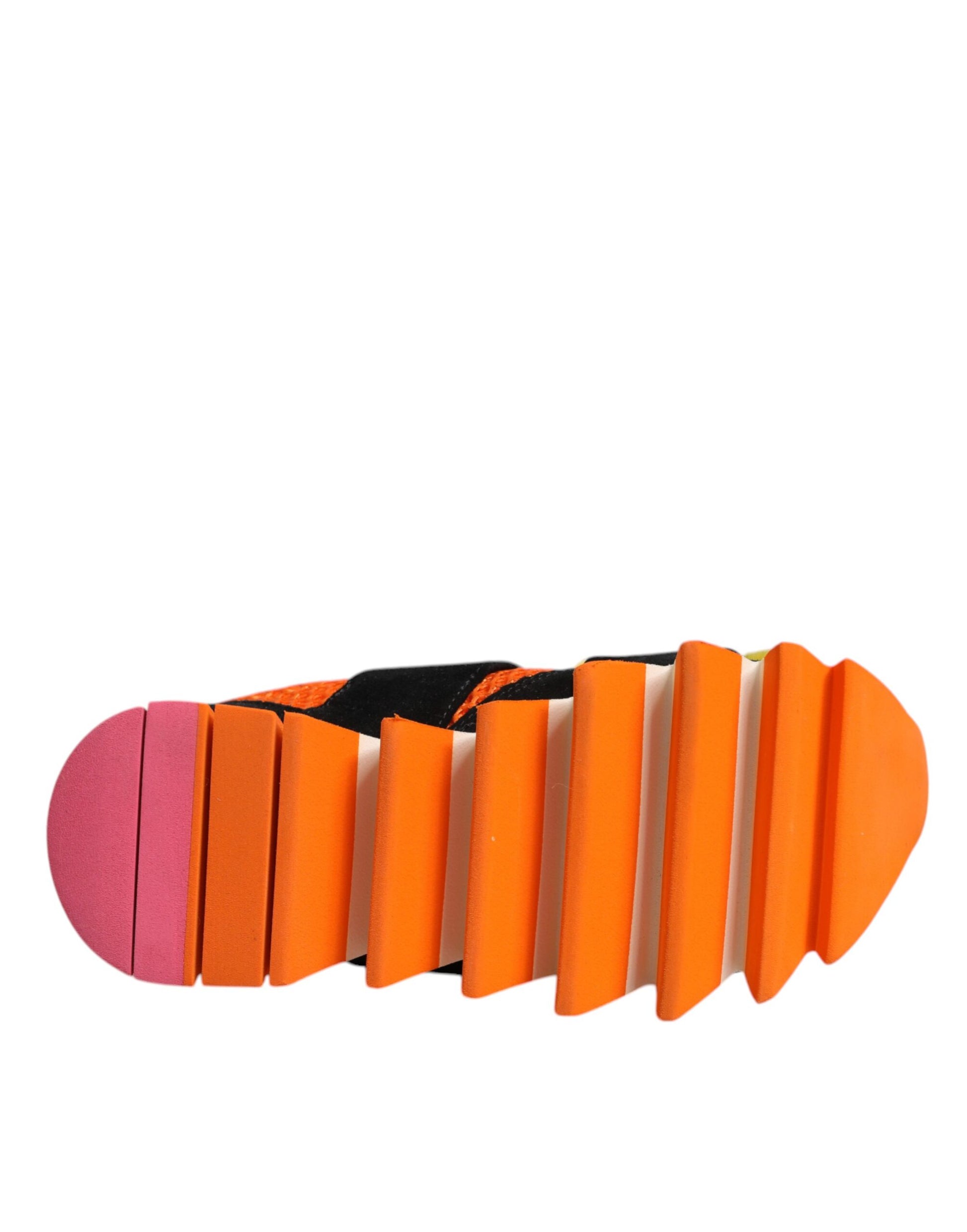 Orange and red fur-embellished sneakers with black laces