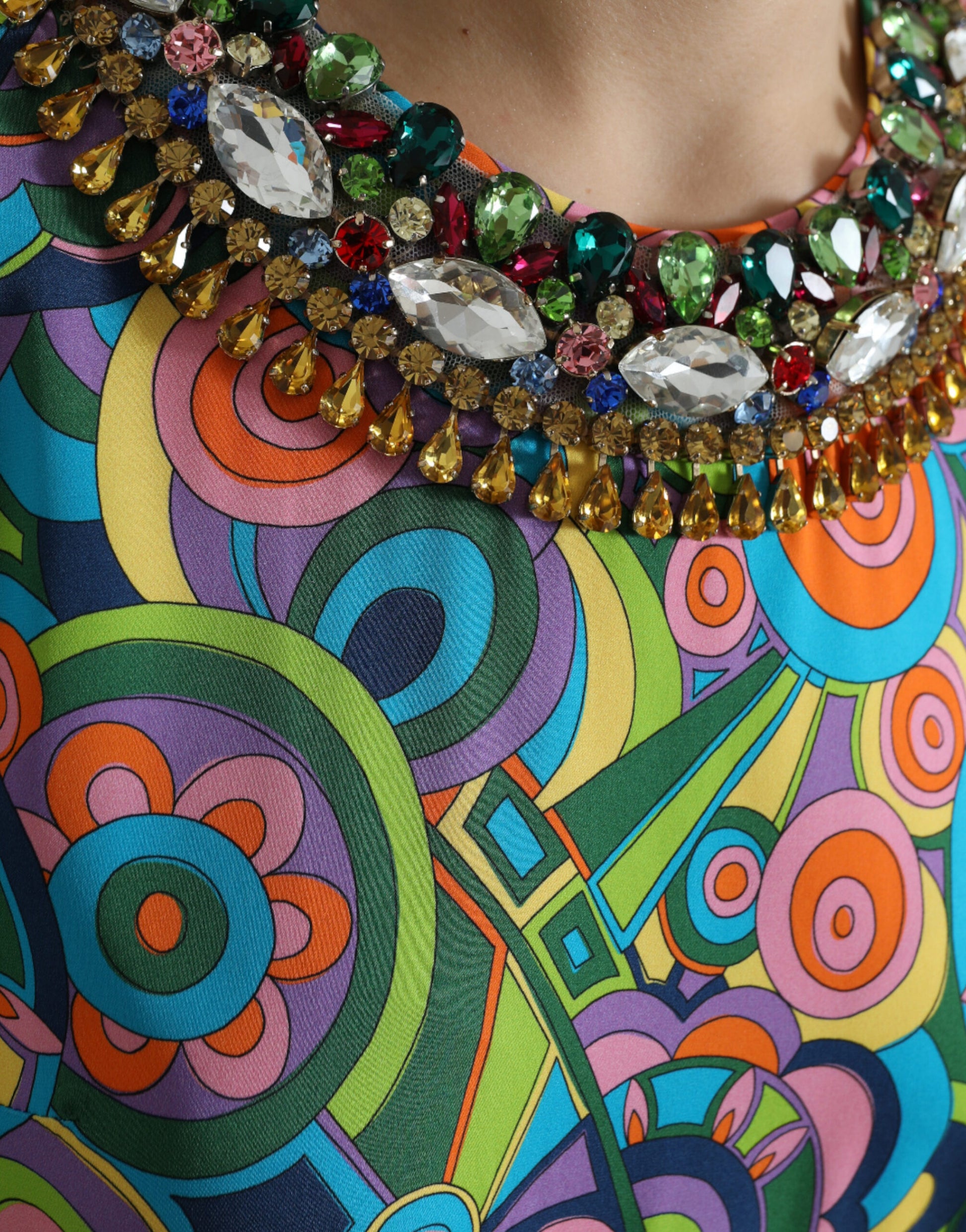 Colorful midi dress with geometric print and crystal embellishments