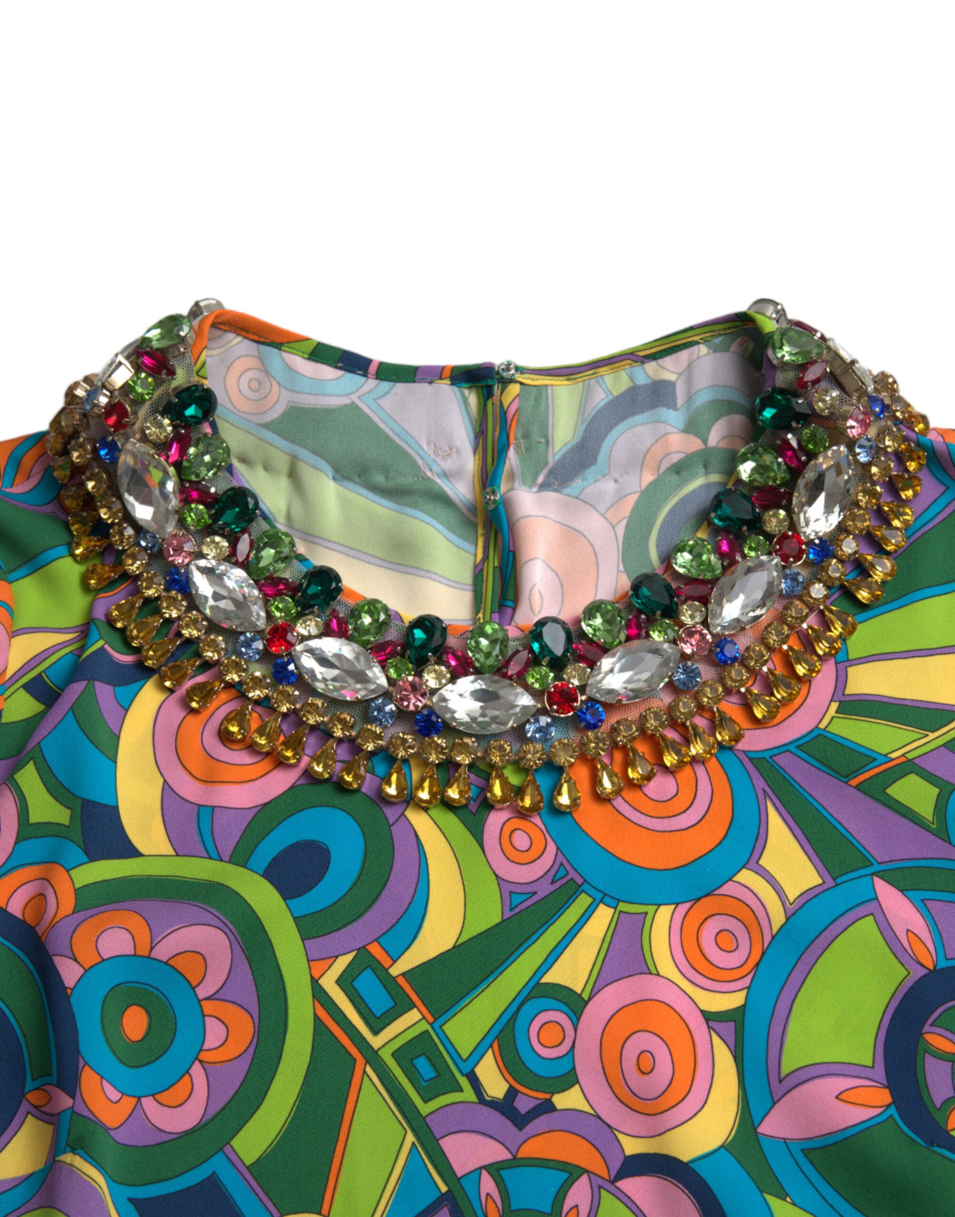 Colorful midi dress with geometric print and crystal embellishments