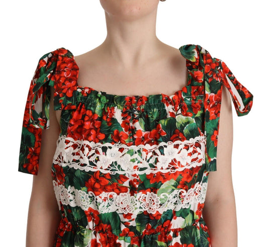 A red, green, white, and black lace long maxi dress with a geranium print