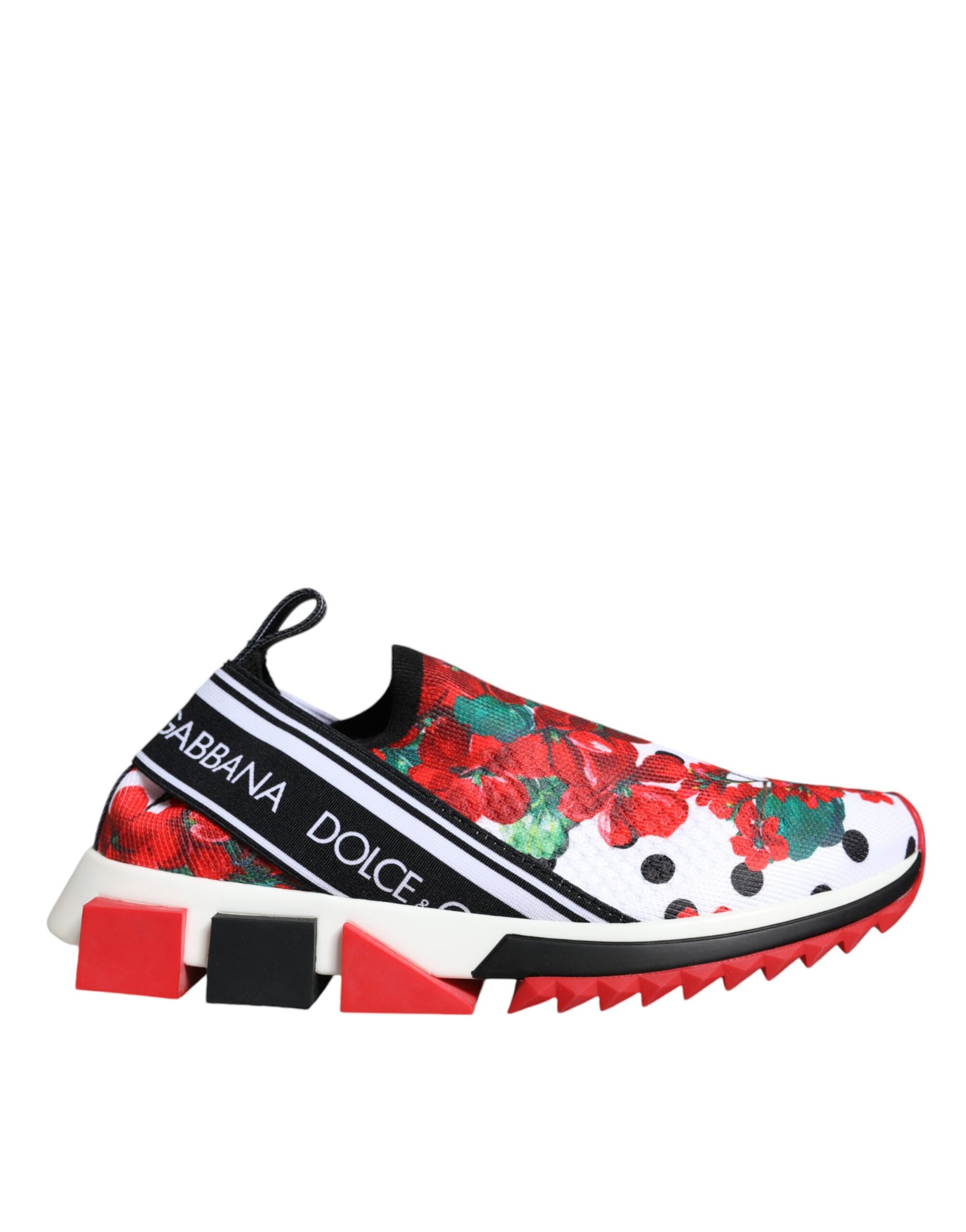 Red and white sneaker with floral pattern on side