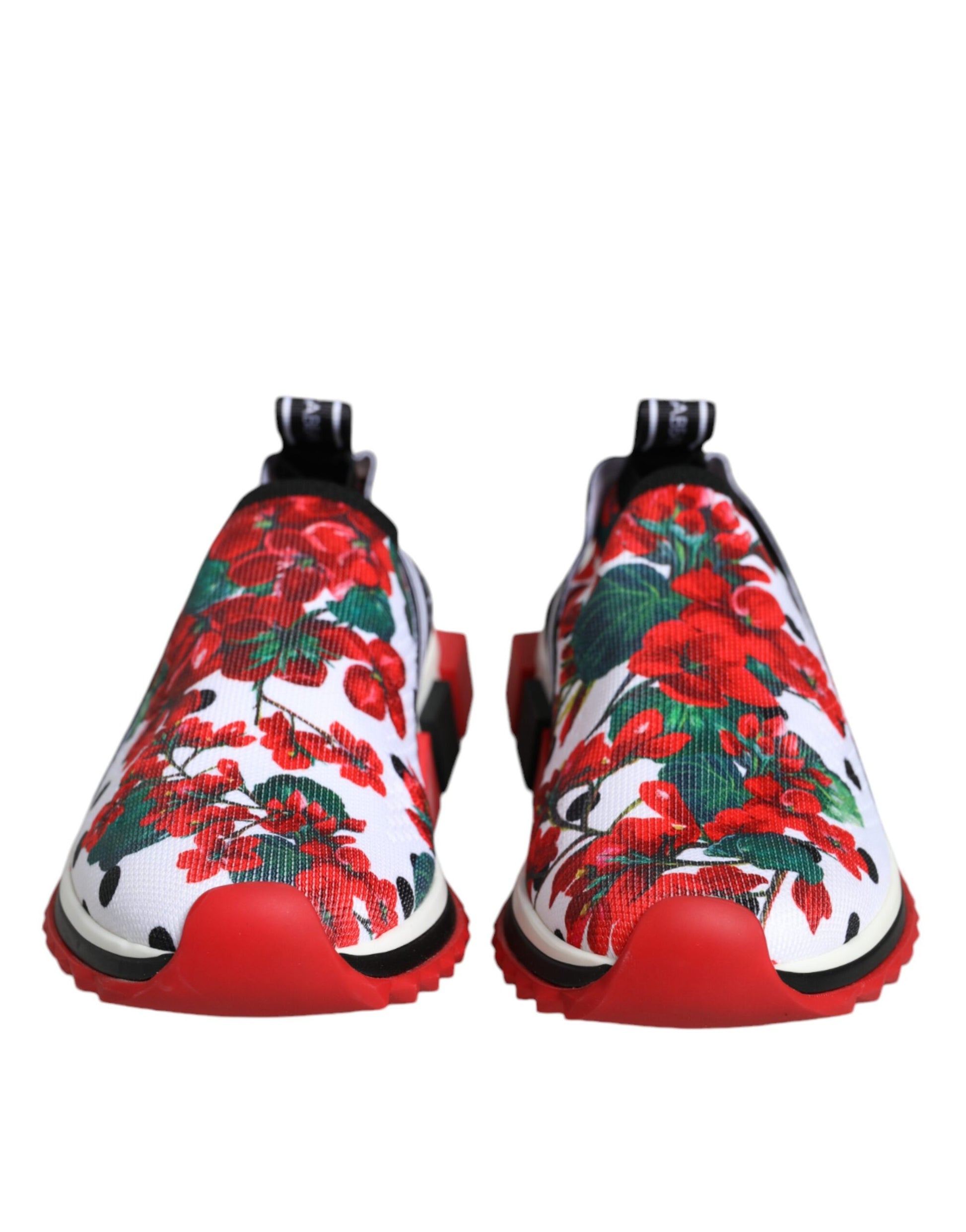 Pair of red and white sneakers with floral pattern on side