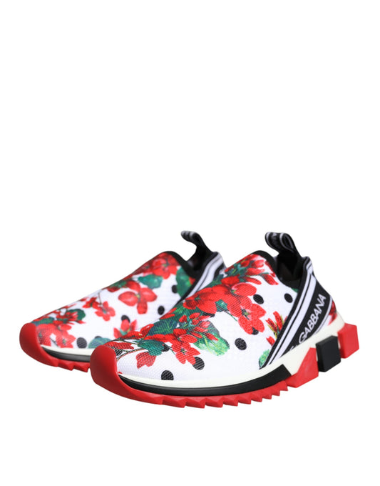 Pair of red and white sneakers with floral pattern on side