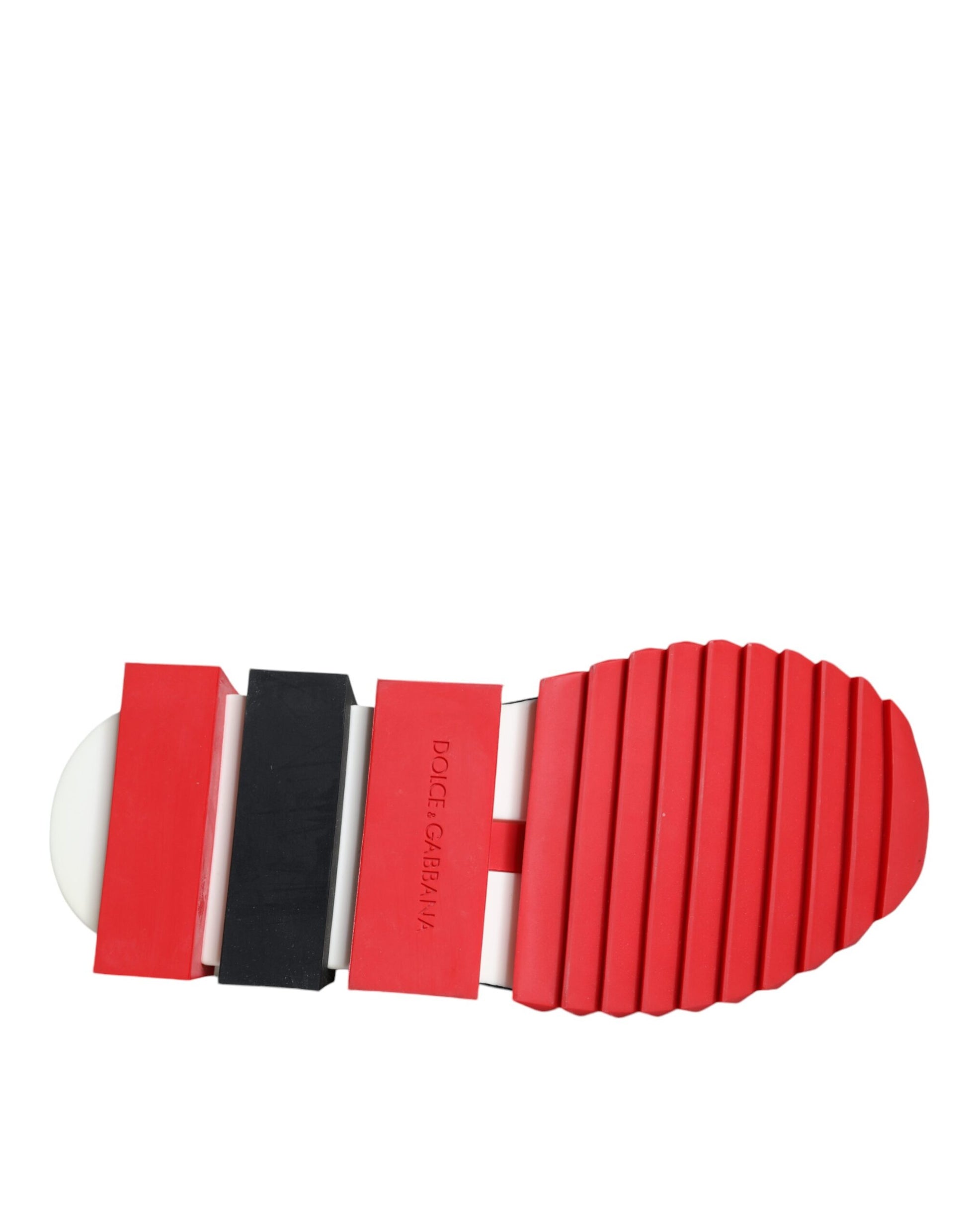 Red and black shoe with red sole