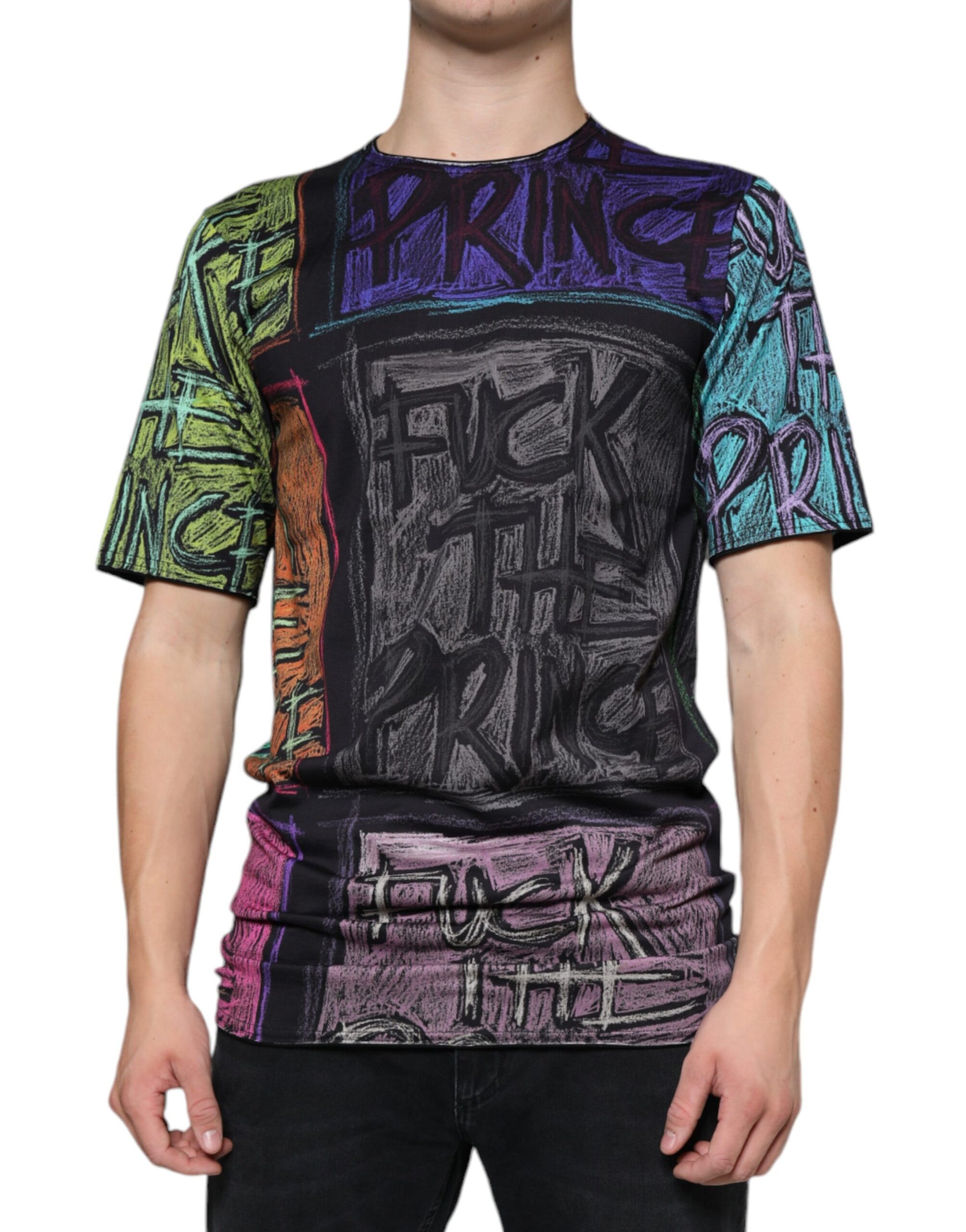 Colorful graphic t-shirt with various texts and designs