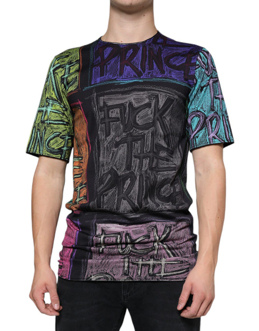 Colorful graphic t-shirt with various texts and designs