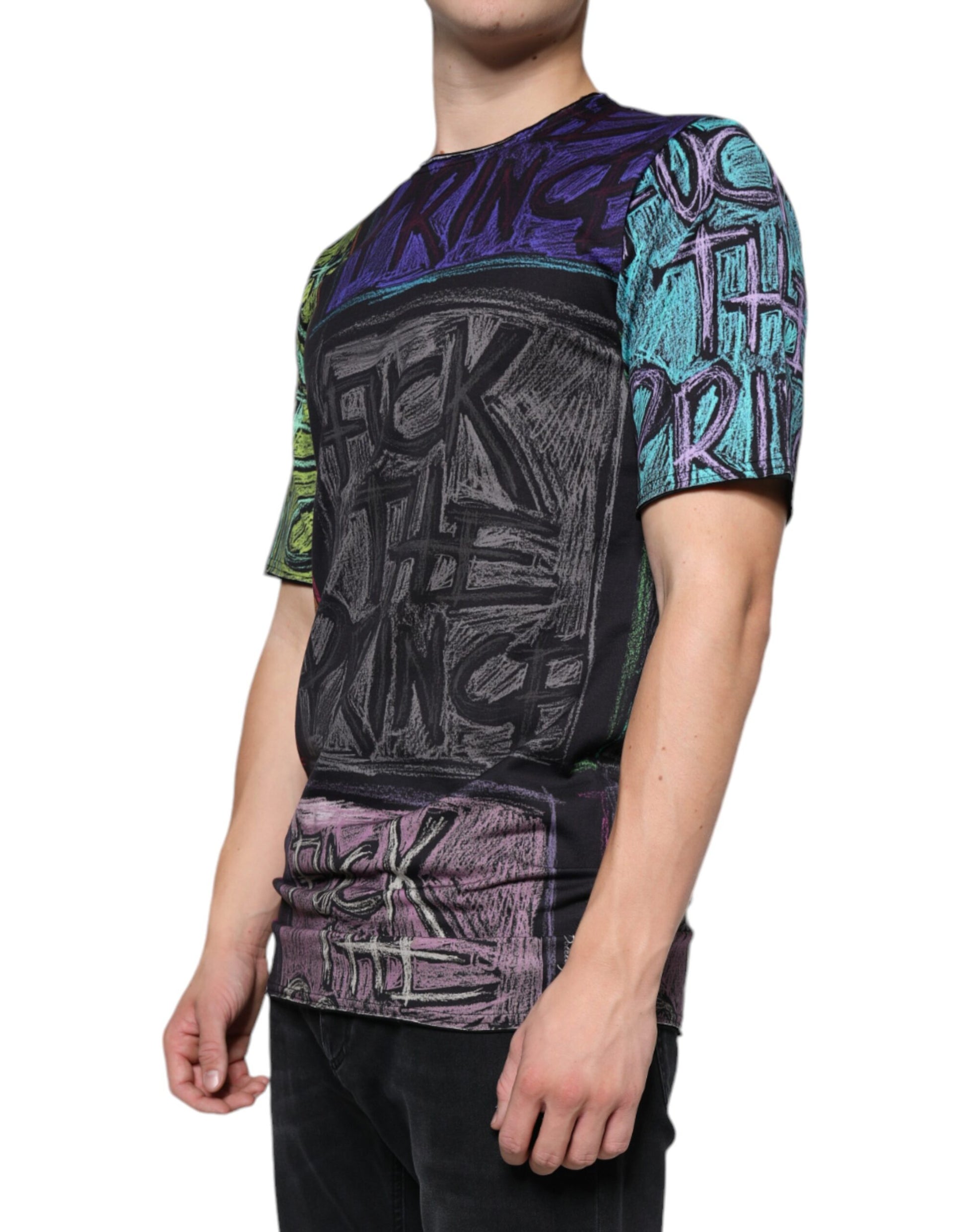 Man wearing graphic t-shirt with colorful writing