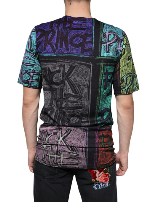 Colorful graphic t-shirt with various band names and designs