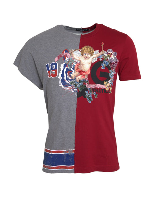 Two shirts on display, one gray and one red, with a graphic design in between them