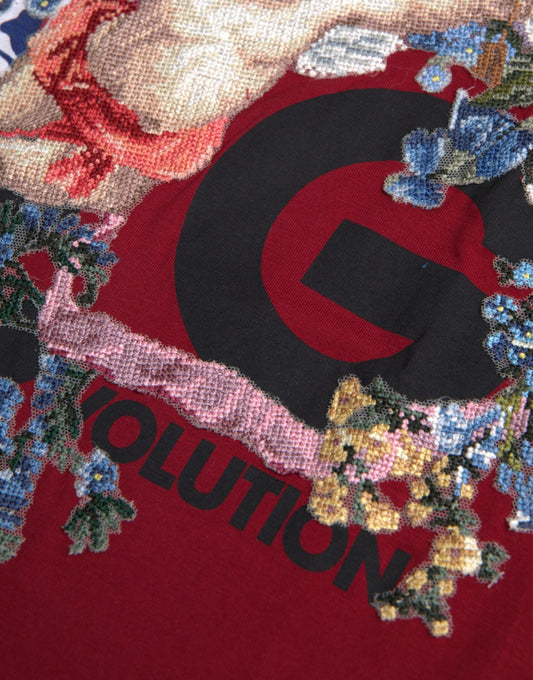 Red sweater with embroidered floral design and Gucci logo